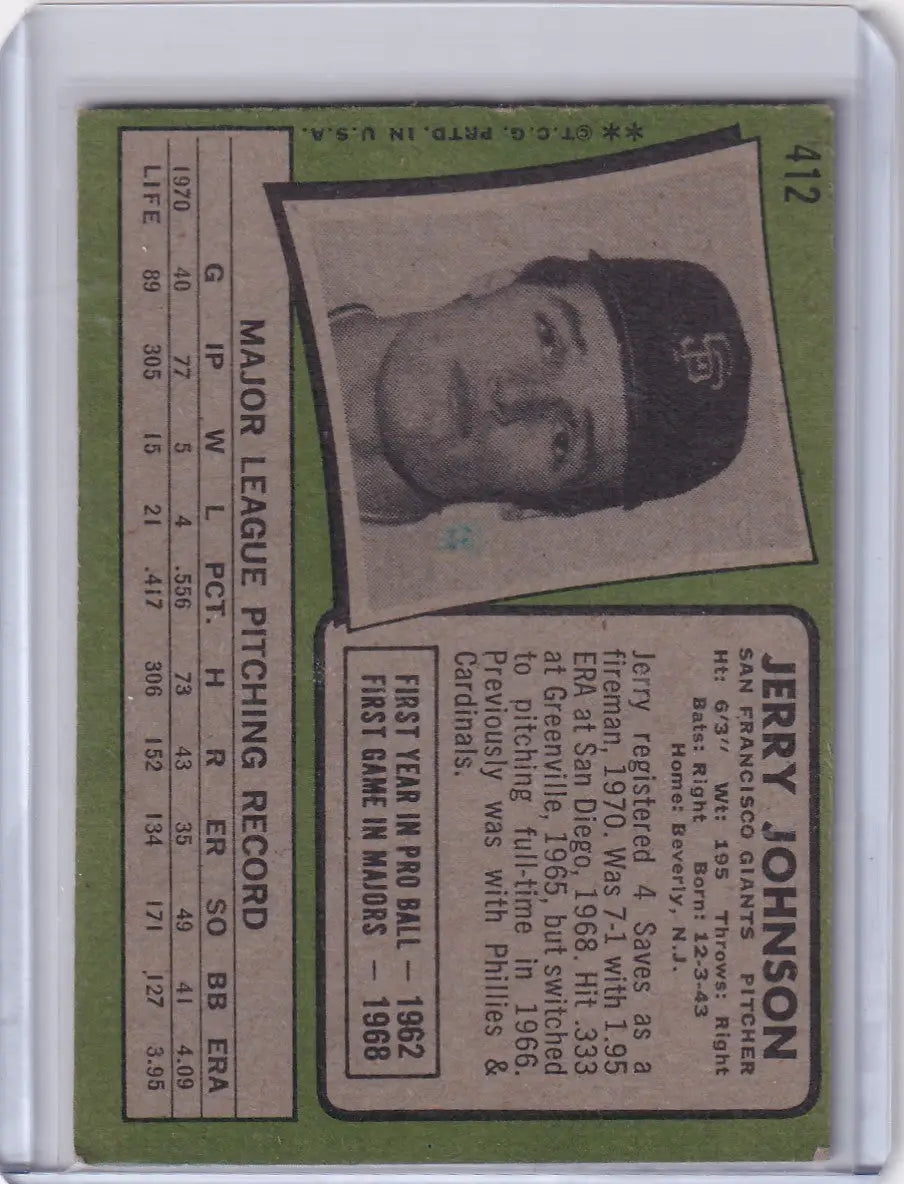 1971 Topps Baseball card of Jerry Johnson from the San Francisco Giants team
