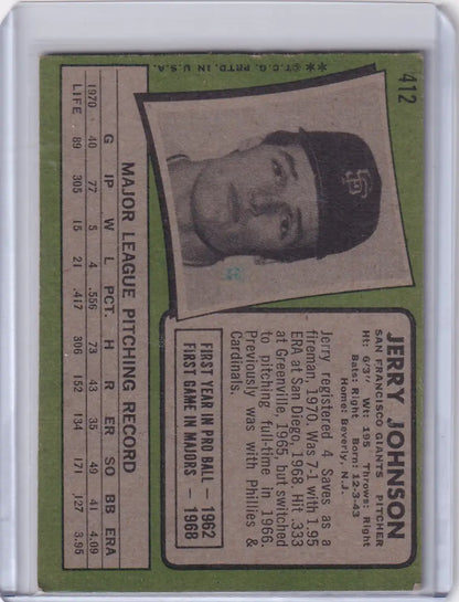 1971 Topps Baseball card of Jerry Johnson from the San Francisco Giants team