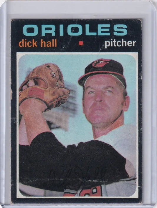 Topps Baseball card of Dick Hall, Baltimore Orioles pitcher in throwing pose
