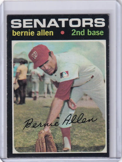 Baseball card of Bernie Allen in red cap and white uniform for Topps Baseball Washington Senators
