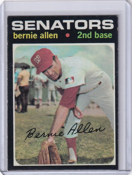 Baseball card of Bernie Allen in red cap and white uniform for Topps Baseball Washington Senators