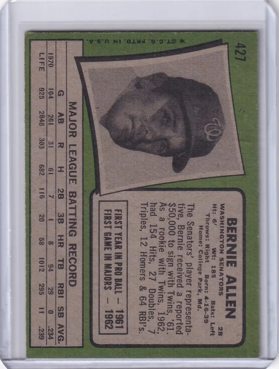 1971 Topps Baseball #427 Bernie Allen card with black and white portrait on green background