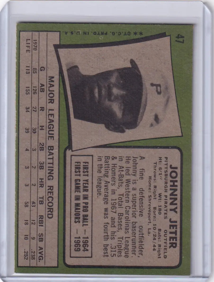 1971 Topps Baseball card of Johnny Jeter with Pittsburgh Pirates cap featuring P