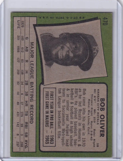 Black and white portrait of Bob Oliver on 1971 Topps Baseball card, Kansas City Royals