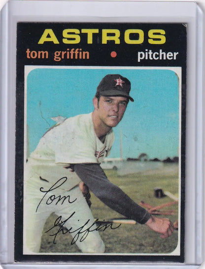 1971 Topps Baseball card of Houston Astros pitcher Tom Griffin in a pitching pose
