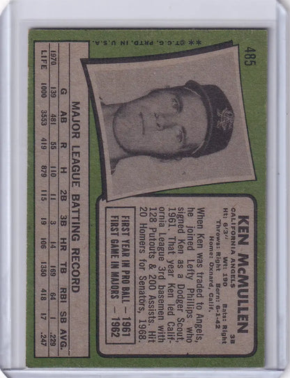 1971 Topps Baseball card of Ken McMullen, California Angels player portrait and stats