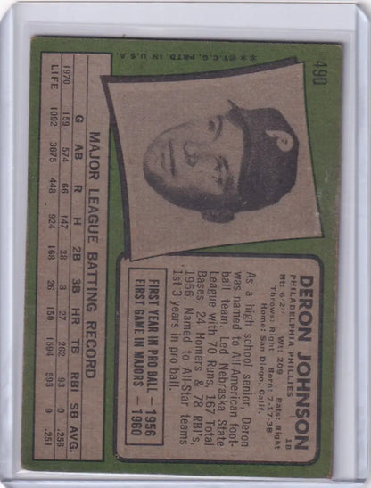 Baseball card of Deron Johnson from Topps Baseball featuring the Philadelphia Phillies