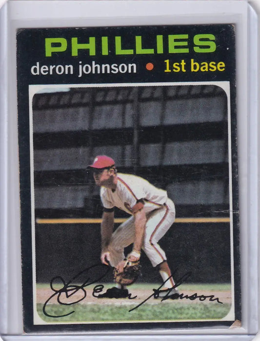 1971 Topps Baseball card of Deron Johnson in fielding stance for Philadelphia Phillies