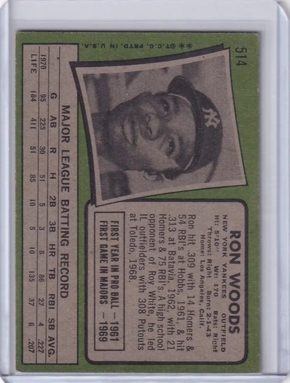Vintage Topps Baseball card of Ron Woods, New York Yankees player, 1971 edition