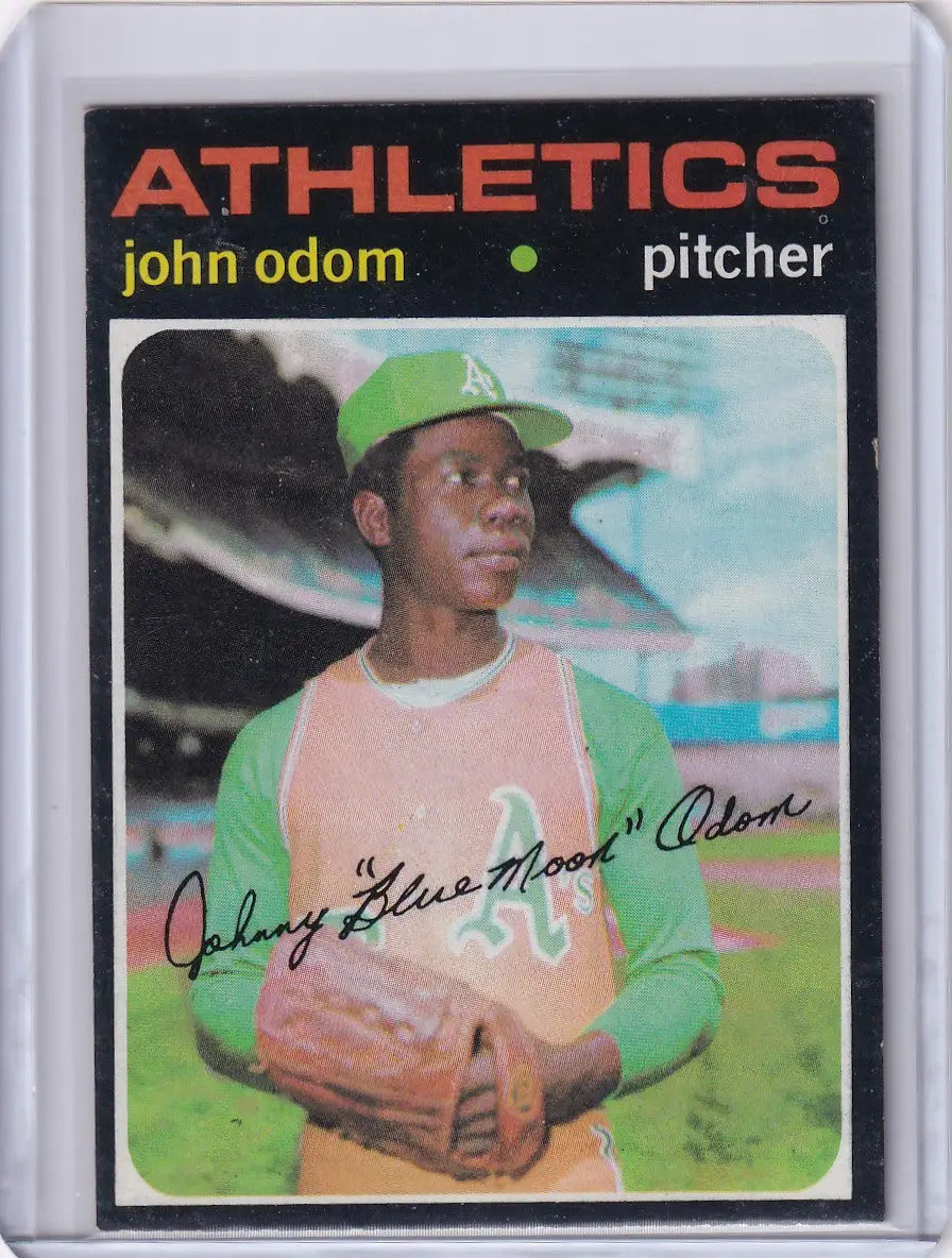 Vintage Topps Baseball card of Johnny Odom in green and white Oakland Athletics uniform