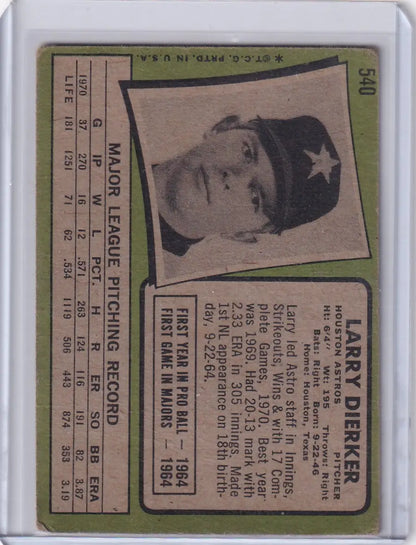 Vintage 1971 Topps Baseball card of Larry Dierker from the Houston Astros with star emblem