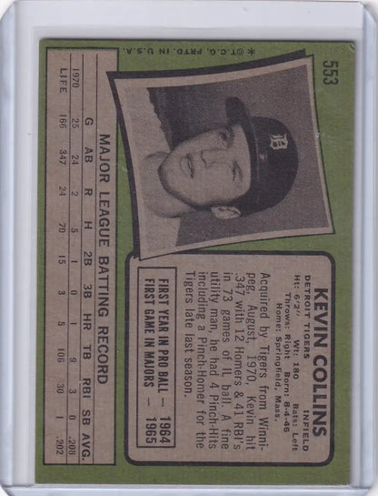 Vintage Topps Baseball card featuring Kevin Collins of the Detroit Tigers with green border
