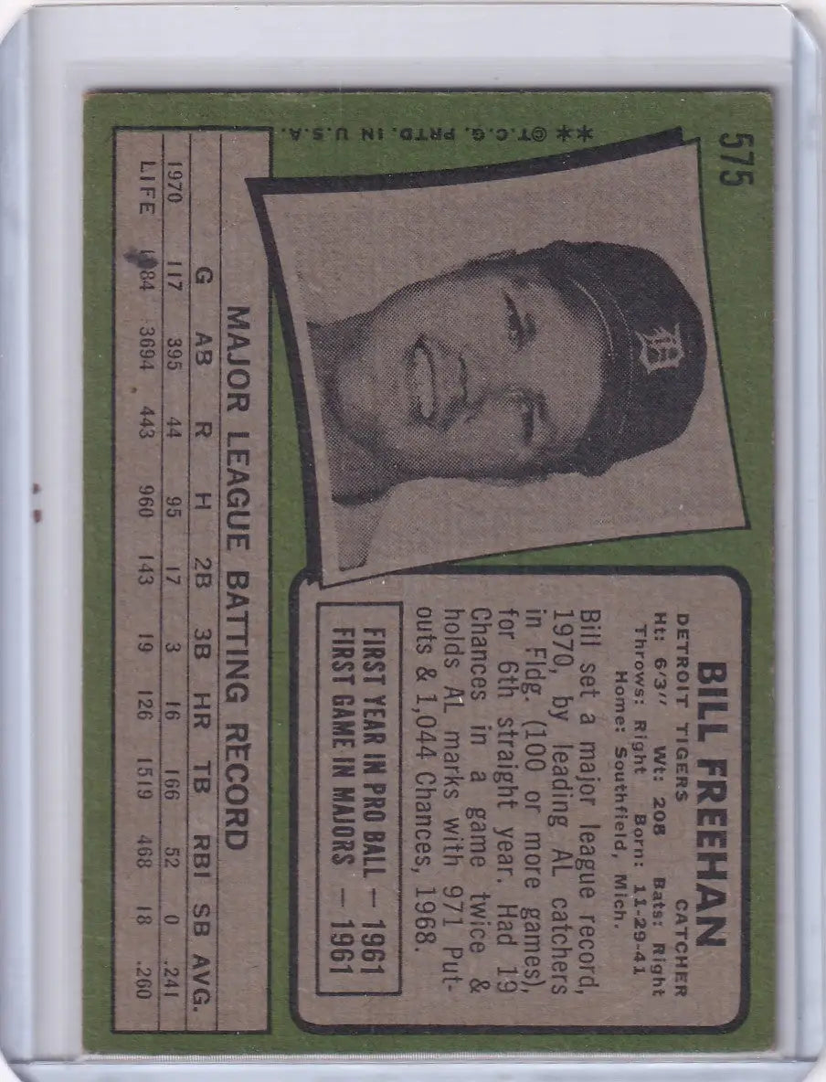 Vintage Topps Baseball card of Bill Freehan Detroit Tigers 1971 Topps #575