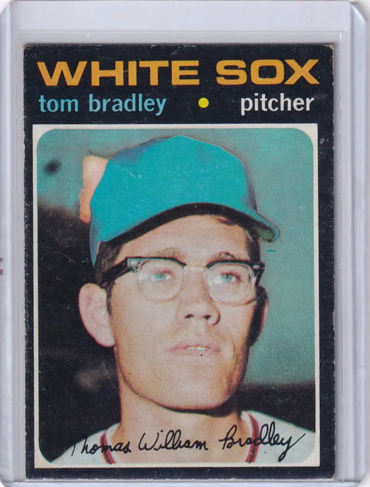 1971 Topps Baseball #588 Tom Bradley Chicago White Sox pitcher in turquoise cap and glasses