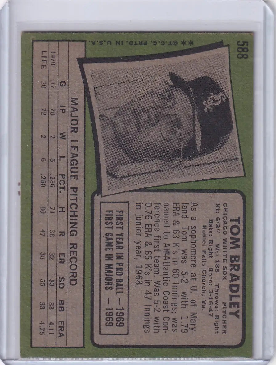 Vintage Topps Baseball card of Tom Bradley, Chicago White Sox player with green border