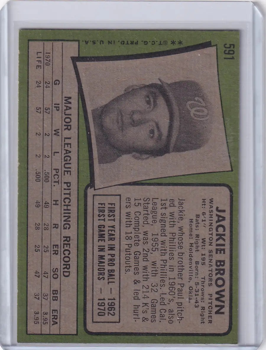 Vintage 1971 Topps Baseball #591 card featuring Jackie Brown of the Washington Senators