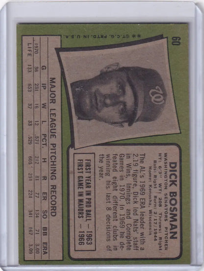 Topps Baseball card of Dick Bosman from the Washington Senators team