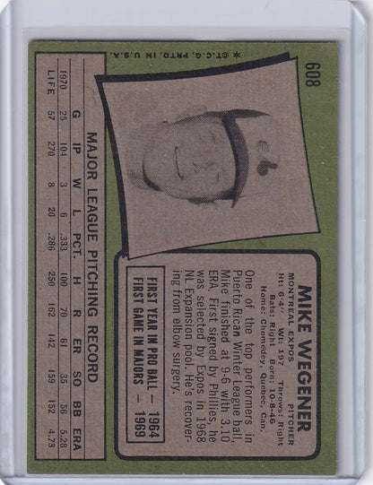 Vintage 1971 Topps Baseball card featuring Mike Wegener of the Montreal Expos
