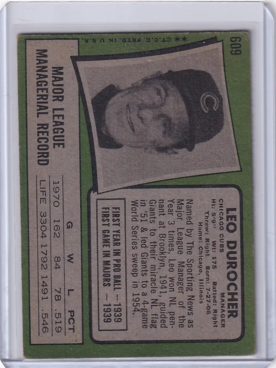 1971 Topps Baseball card of Leo Durocher smiling in Chicago Cubs cap with stats