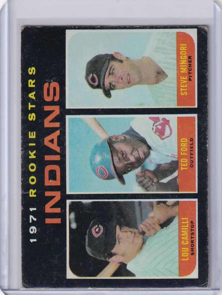 Baseball card of 1971 Topps Baseball Indians Rookies Lou Camilli, Ted Ford, Steve Mingori