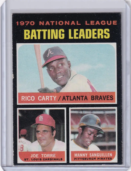 1971 Topps Baseball card of NL 1970 Batting Leaders - Carty, Torre, Sanguillen photos