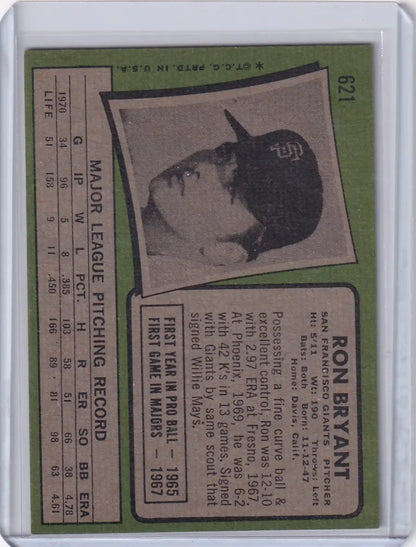 Vintage 1971 Topps Baseball card of Ron Bryant, San Francisco Giants with player stats
