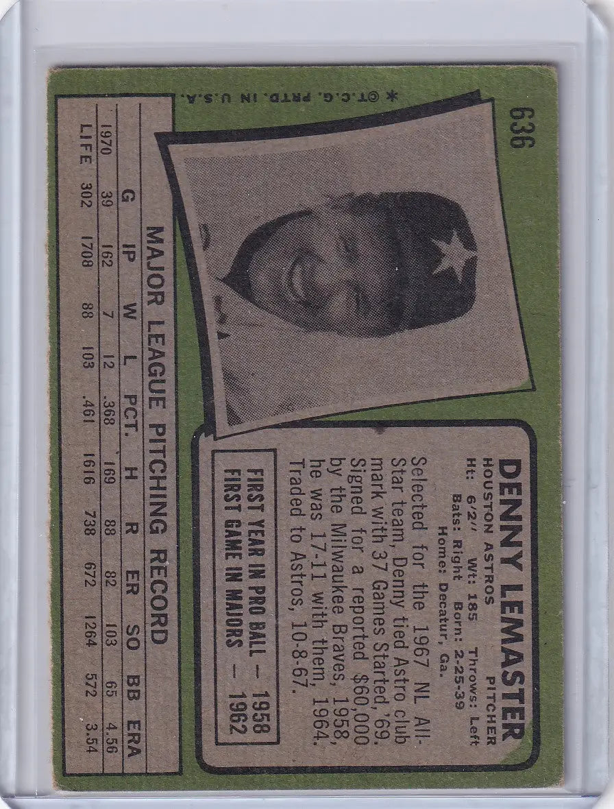 Vintage Topps Baseball card featuring Denny Lemaster of the Houston Astros