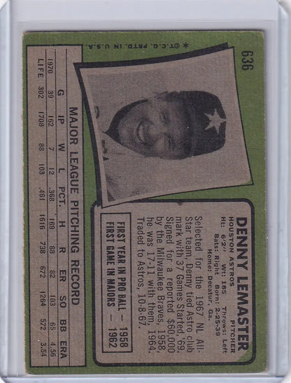 Vintage Topps Baseball card featuring Denny Lemaster of the Houston Astros