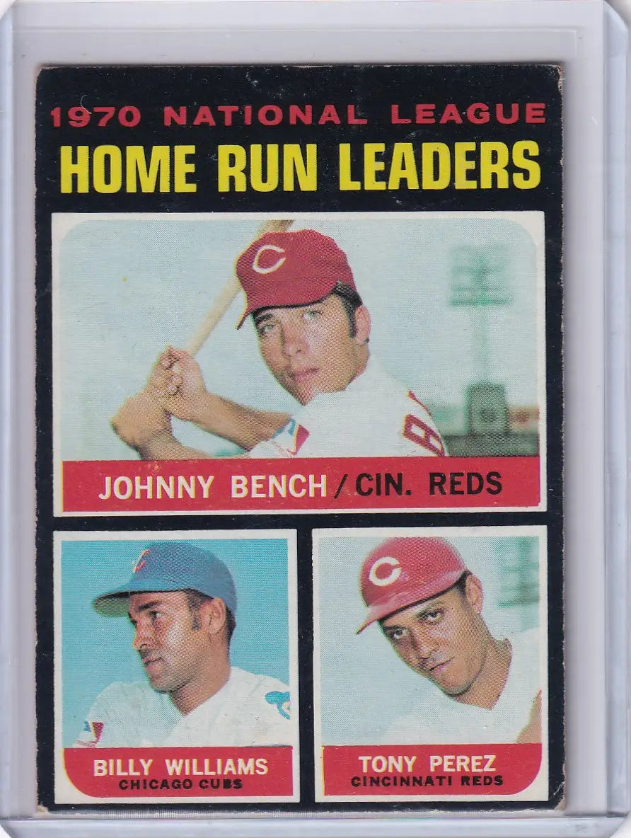 1970 Topps Baseball card featuring NL home run leaders Bench, Williams, and Perez