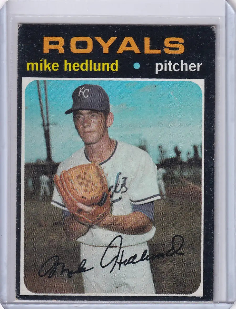 1971 Topps Baseball card of Mike Hedlund, Kansas City Royals pitcher in white uniform