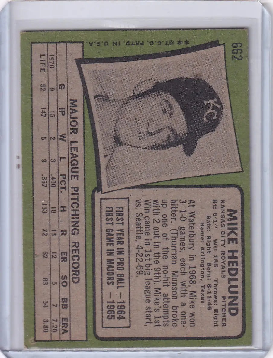 Vintage 1971 Topps Baseball card of Mike Hedlund featuring Kansas City Royals portrait