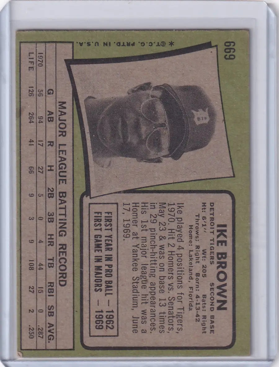 Vintage 1971 Topps Baseball card of Ike Brown with Detroit Tigers design and player photo