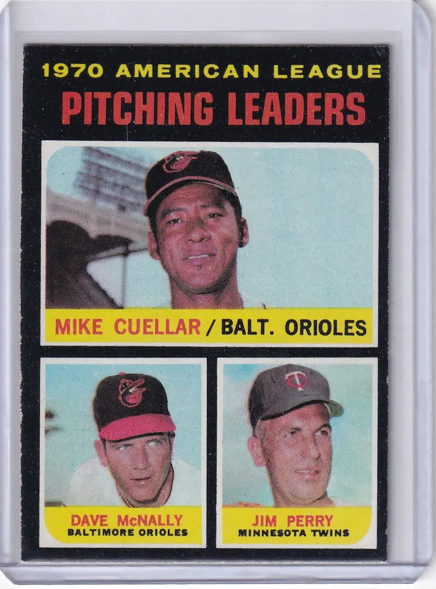 1971 Topps Baseball card featuring 1970 AL Pitching Leaders - Cuellar, McNally, Perry