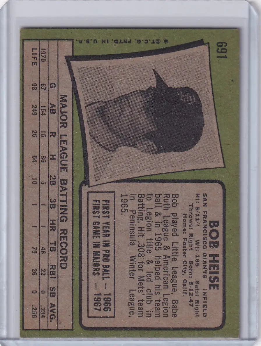 Vintage 1971 Topps Baseball card of Bob Heise with San Francisco Giants profile photo