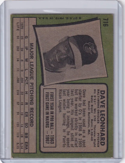 Vintage 1971 Topps Baseball card featuring Dave Leonhard of the Baltimore Orioles