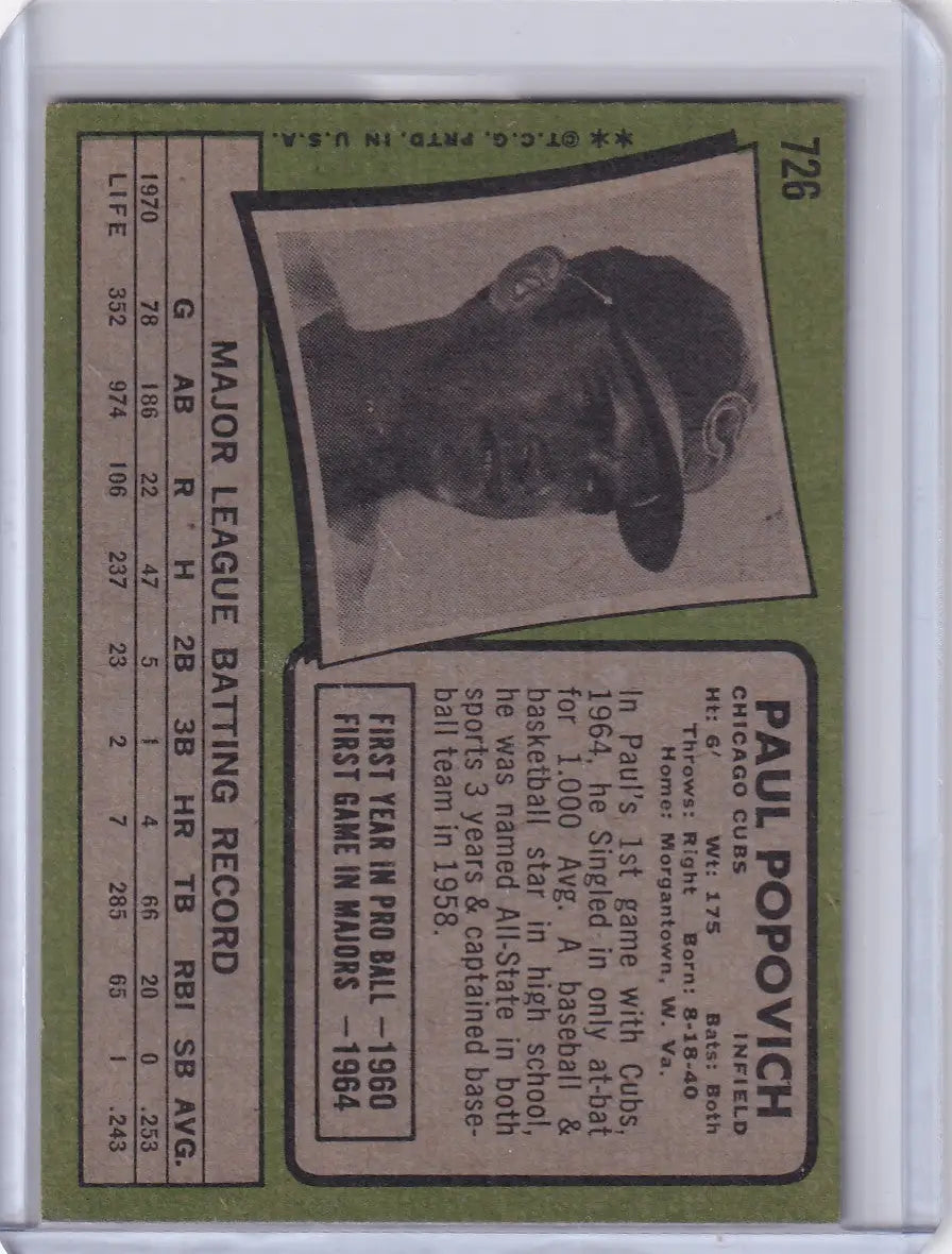 Baseball card of Paul Popovich, Chicago Cubs from 1971 Topps Baseball series