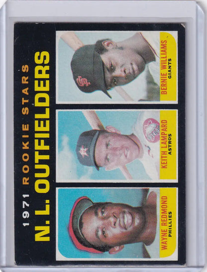 1971 Topps Baseball card featuring rookie outfielders Redmond, Lampard, and Williams