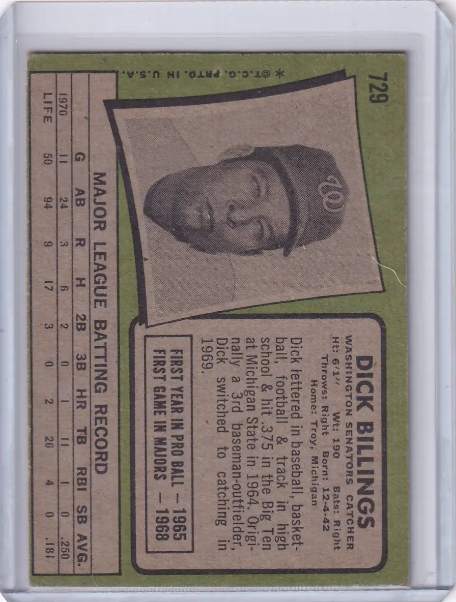 Vintage Topps baseball card of Dick Billings, Washington Senators player in black and white