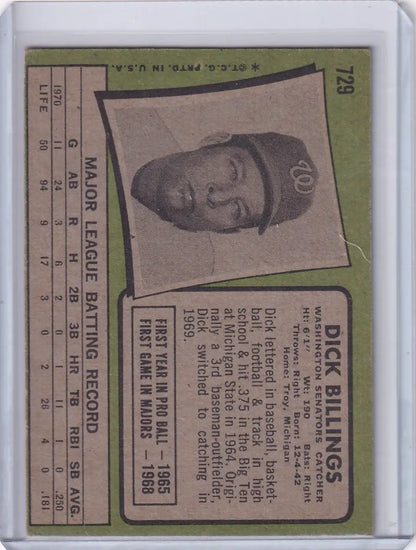 Vintage Topps baseball card of Dick Billings, Washington Senators player in black and white
