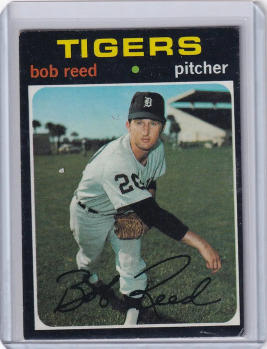 1971 Topps Baseball card of Bob Reed pitching for the Detroit Tigers in white uniform