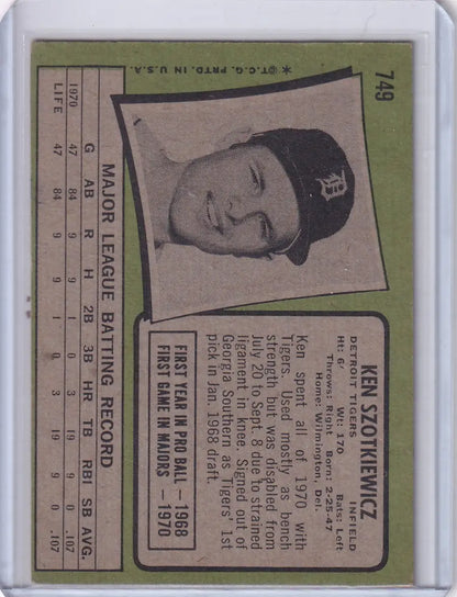 Vintage 1971 Topps Baseball card featuring Ken Szotkiewicz of the Detroit Tigers