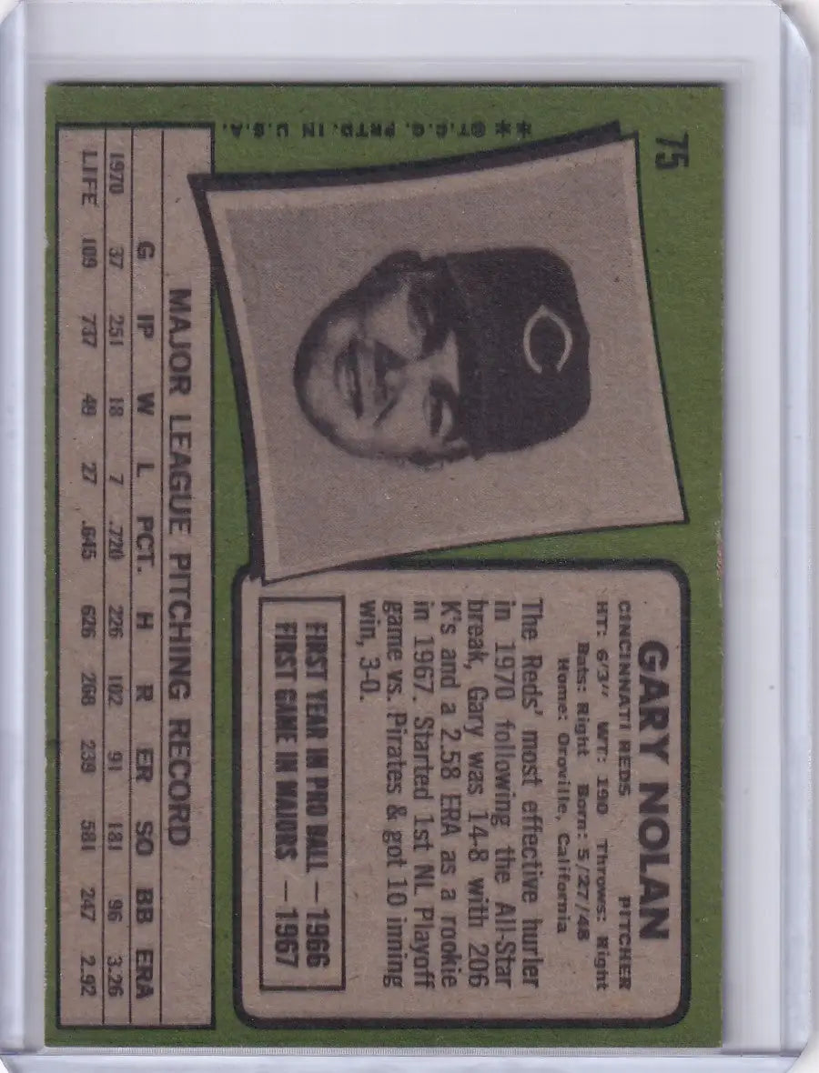 Topps Baseball trading card of Gary Nolan from the Cincinnati Reds with player stats