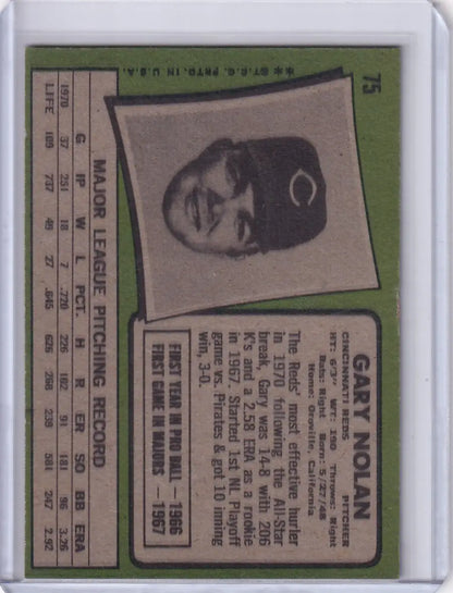 Topps Baseball trading card of Gary Nolan from the Cincinnati Reds with player stats