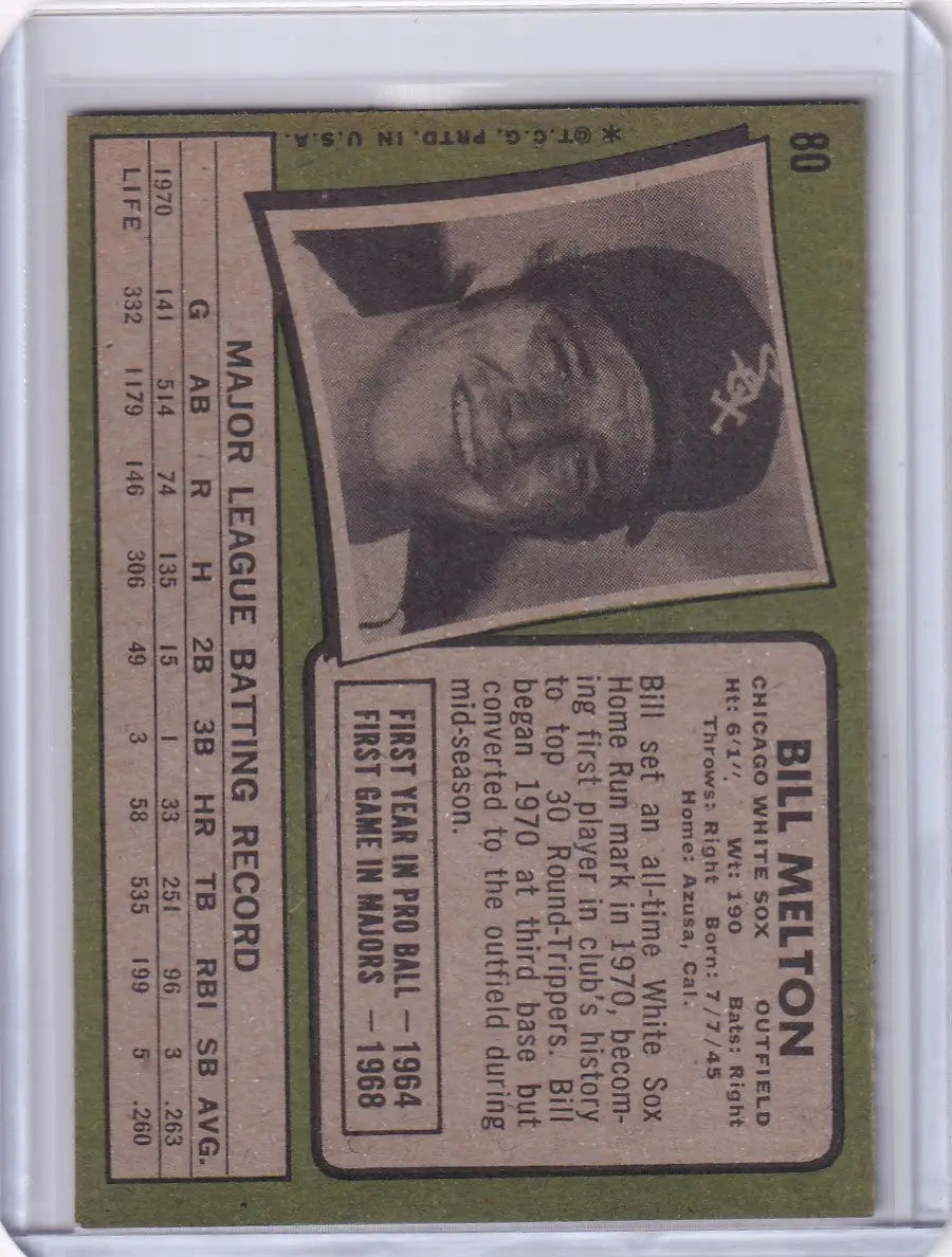 Baseball card of Bill Melton, Chicago White Sox player in 1971 Topps Baseball set