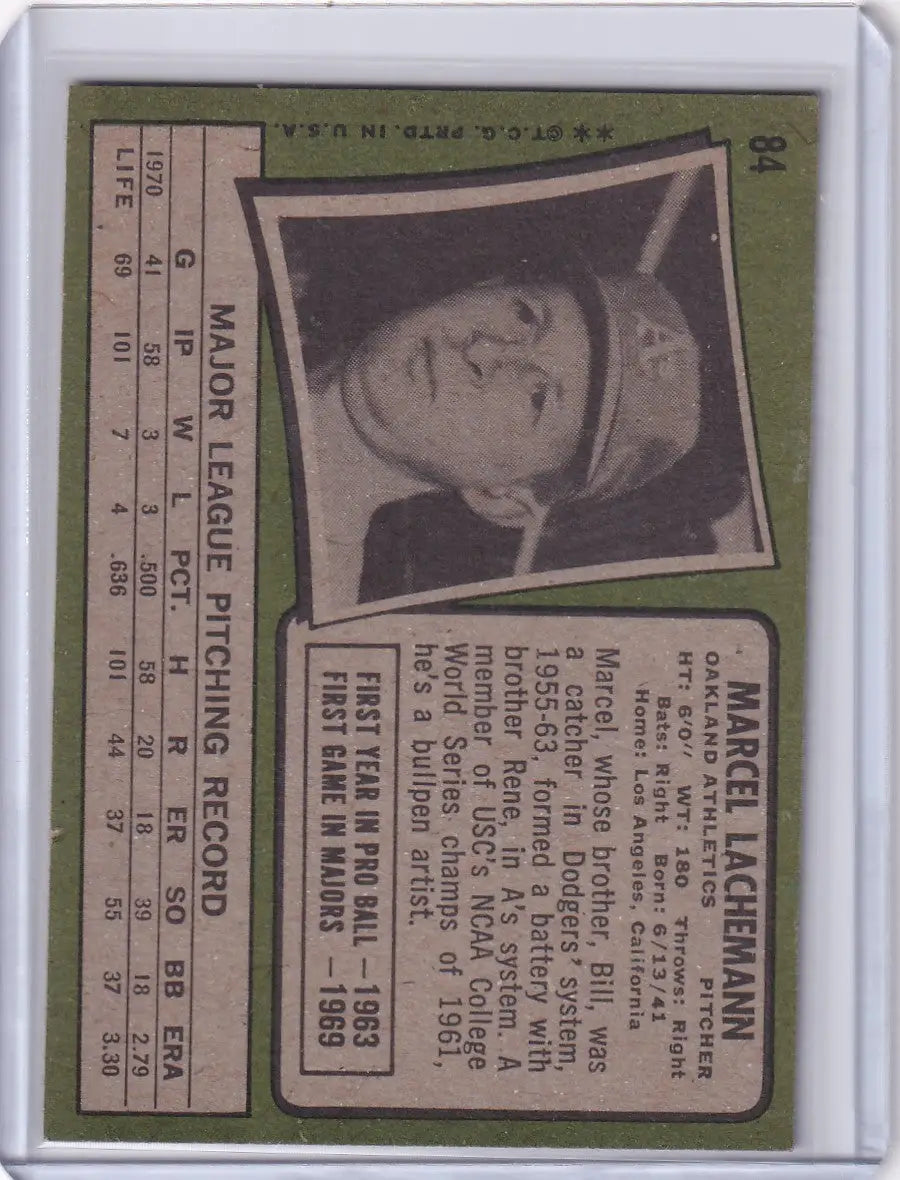 1971 Topps Baseball card of Marcel Lachemann, Oakland Athletics player portrait
