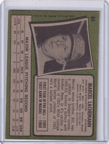 1971 Topps Baseball card of Marcel Lachemann, Oakland Athletics player portrait