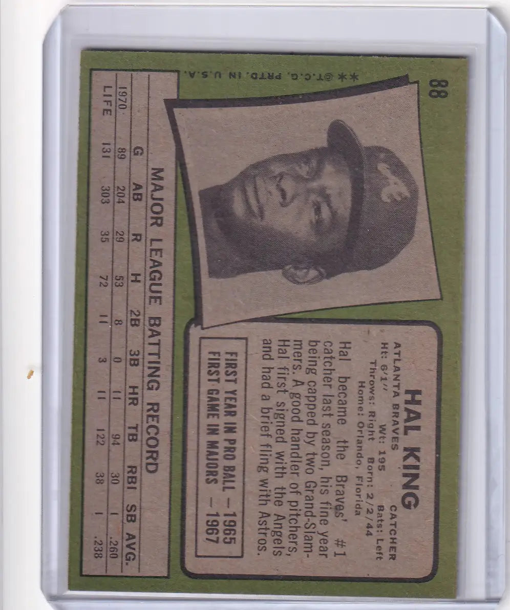 Vintage 1971 Topps Baseball card of Hal King from Atlanta Braves in dark cap