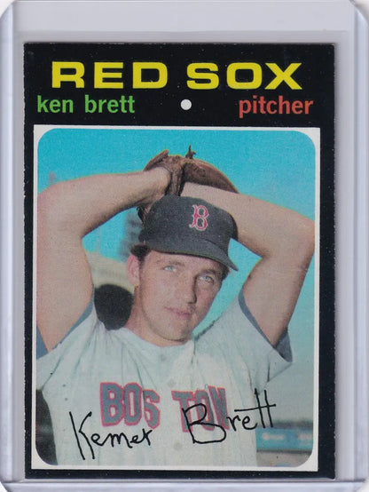 Baseball card of Ken Brett in pitching pose for Boston Red Sox by Topps Baseball