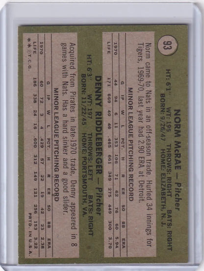 Vintage Topps Baseball card featuring Senators Rookies Norm McRae and Denny Riddleberger