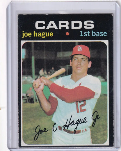 Vintage Topps Baseball card of Joe Hague, St. Louis Cardinals player with bat